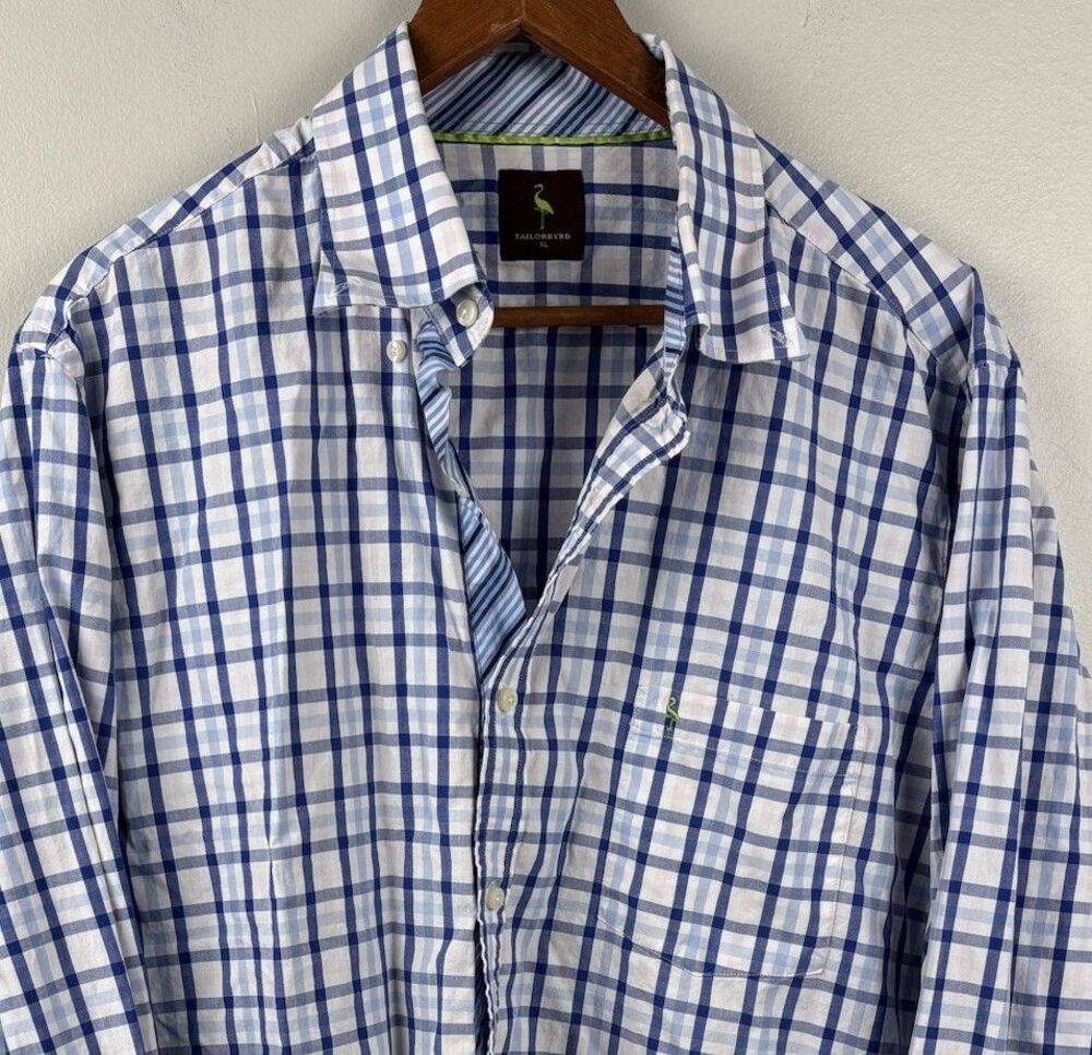 Tailorbyrd Shirt Mens XL Blue Check Long Sleeve Button Up Casual Dress Contrast